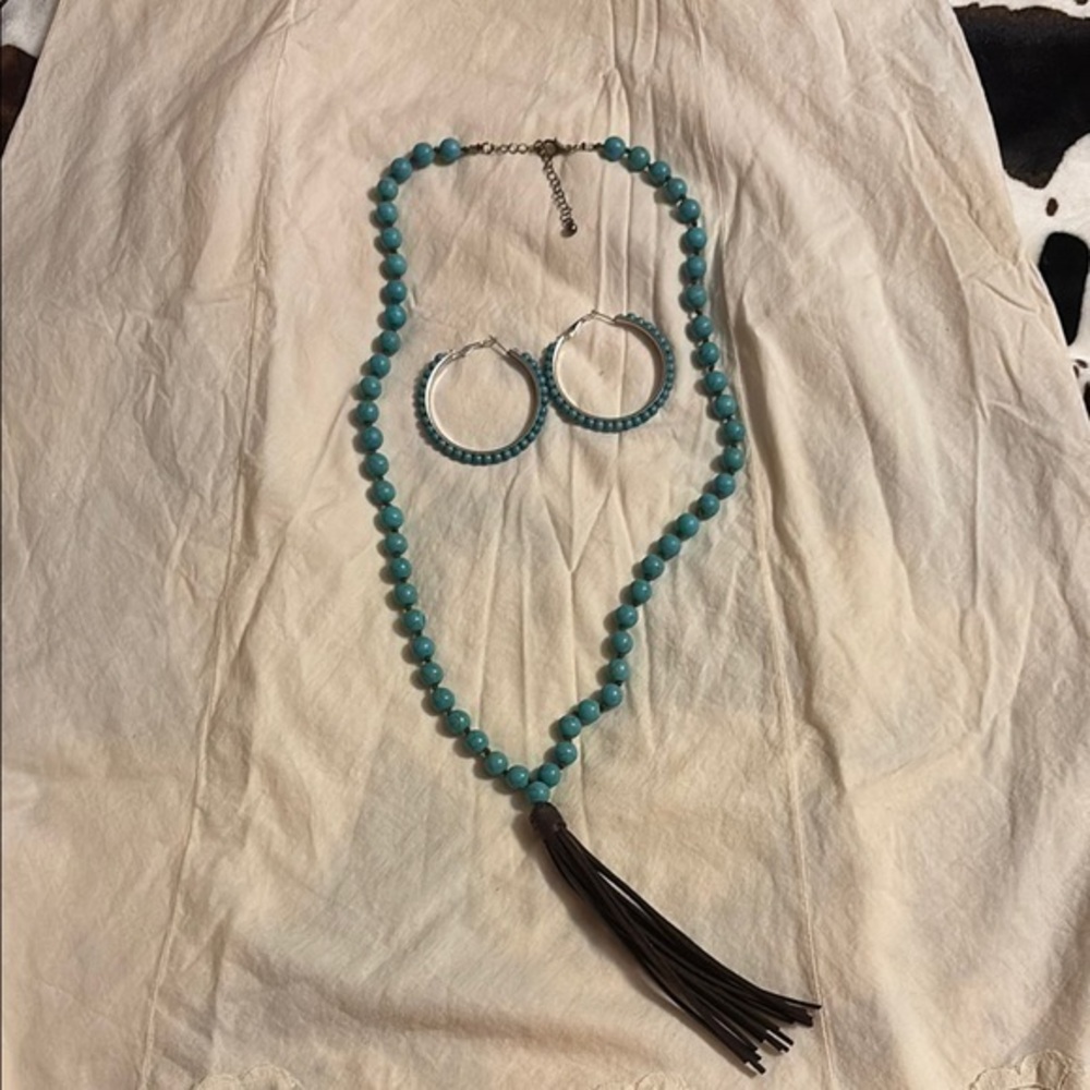Blue and Brown Bohemian Necklace and Hoop Earrings Set